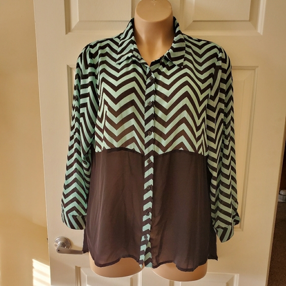 Justify Tops - Justify Chevron Hi-Lo Semi Sheer Blouse